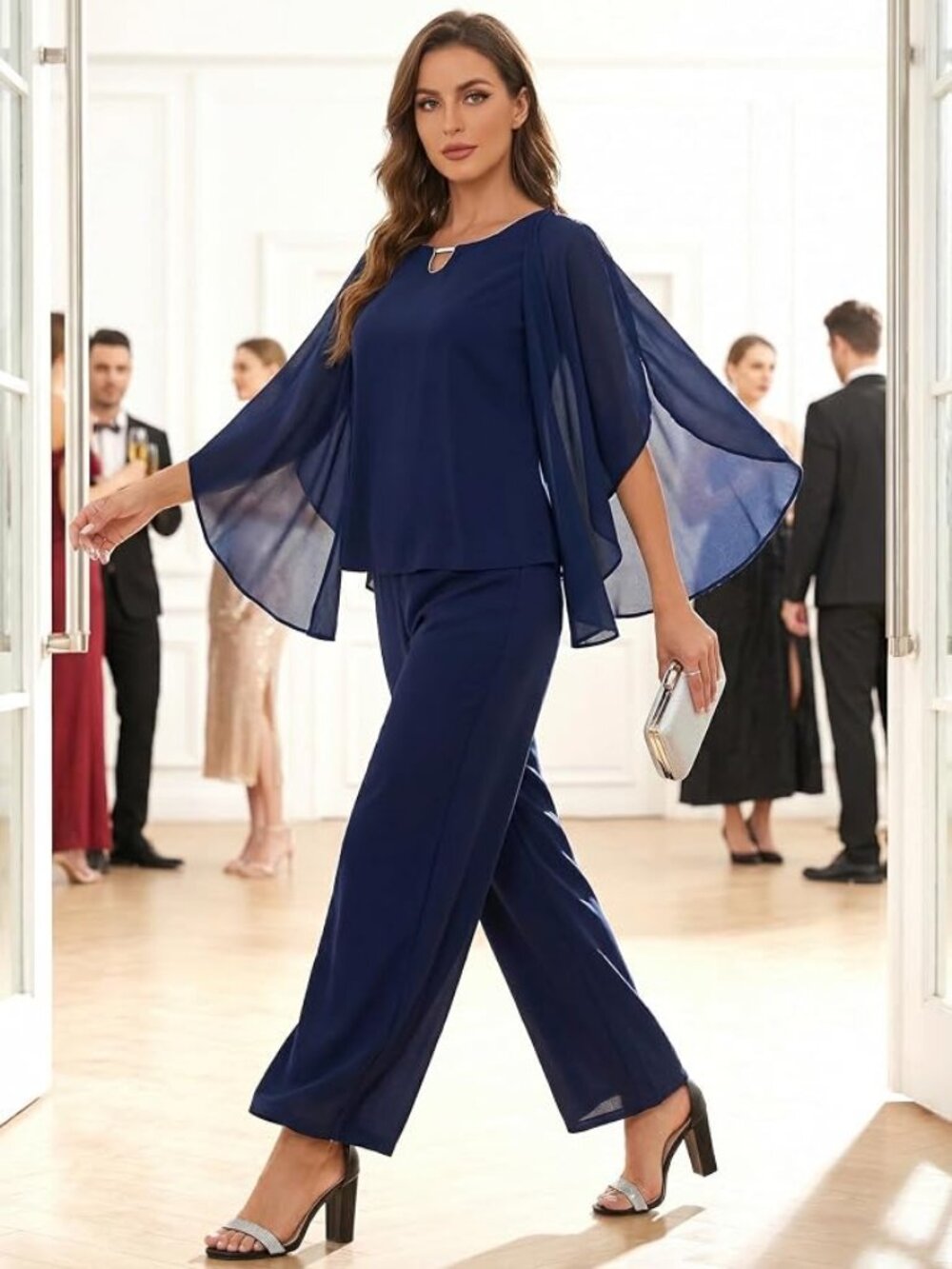 Women's Dressy Pantsuits Wedding 2 Pieces  Formal Chiffon Top Mother of Bride